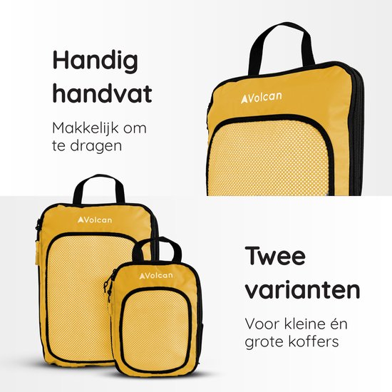Volcan Compression Packing Cubes - Koffer Organizer Set - Met Compressierits - Backpack & Koffer - Set van 4 - Oker