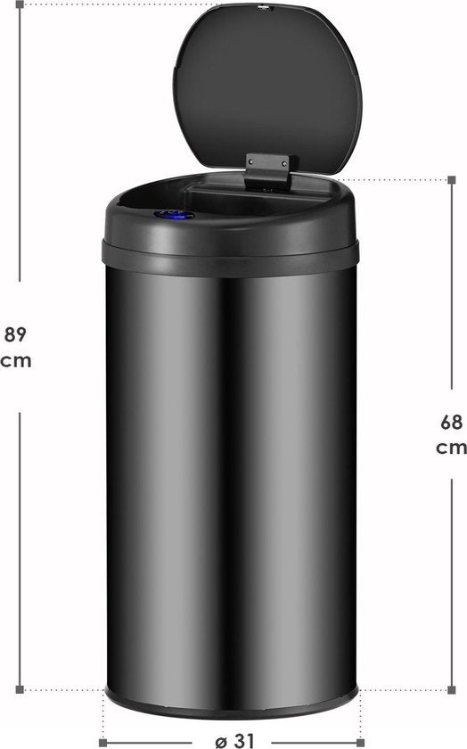 Juskys – Automatische Vuilnisbak Met Sensor – 40 Liter – Ø 31 x 68 cm – Voorzien Van Bewegingssensor En Klemring – Voor Keuken En Kantoor – Zwart Gepoedercoat Staal