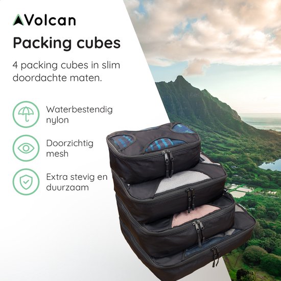 Volcan Packing Cubes - Koffer Organizer Set - 4 Delige Set - Travel Cubes - Voor Backpack en Koffer - Zwart