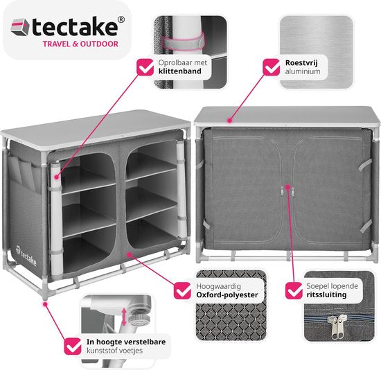 tectake® - Campingkast 97x47,5x78cm - Opvouwbaar - Afsluitbare compartimenten - Stevige werkbladen - Handige insteekzakken aan zijkant - grijs
