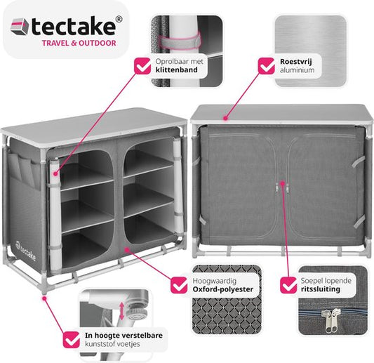 tectake® - Campingkast 97x47,5x78cm - Opvouwbaar - Afsluitbare compartimenten - Stevige werkbladen - Handige insteekzakken aan zijkant - grijs
