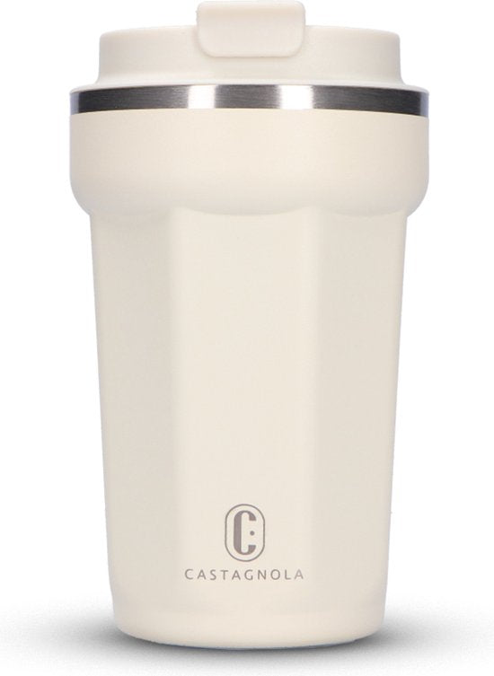 Castagnola Thermosbeker - Koffiebeker To Go - Travel Mug voor Koffie en Thee - Theebeker - 380 ML - RVS - Offwhite - Octagon