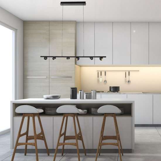 Zwarte hanglamp Marcadore 120cm breed 6 lichts met draaibare reflector kogels, verstelbaar in hoogte, van Steinhauer van kunststof en metaal, modern retro stijl, voor binnen gebruik