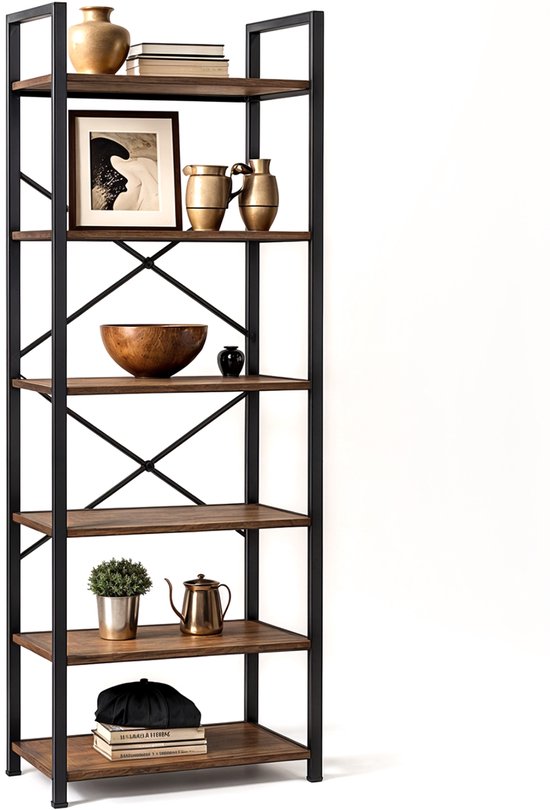Goliving Boekenkast - 66 x 30 x 186 cm - 6 Lagen - Opbergkast - Wandkast - Boekenrek - Vitrinekast - Stellingkast - Woonkamer Kast - Industrieel - Bruin/Zwart