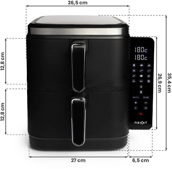 Nexxt - Double Stacked Airfryer - 11 l Inhoud - Zwart & RVS - 12 Kookprogramma's - Gestapeld Model - Ruimtebesparend & Dubbele Lade