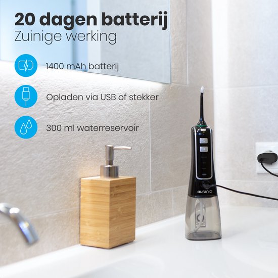 Auronic Waterflosser - Monddouche Elektrisch - 3 Standen - Draadloos en Oplaadbaar - 300 ml - 4 Opzetstukjes - Zwart