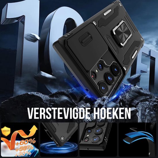 Podec Hoesje met Screenprotector - Geschikt voor Samsung Galaxy S23 Ultra - Zwart Telefoonhoesje - Anti-Shock Case - Hybrid Armor Hoes met Kickstand Ring