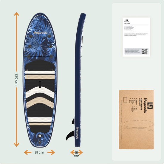 LifeGoods PaddlePro SUP Board - Opblaasbaar Paddle Board - Complete Set - Max. 150KG - 320x81cm - Tropical Blauw
