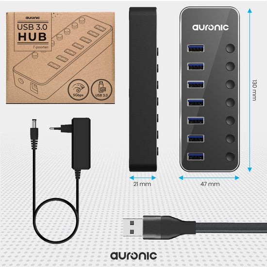 Auronic USB Hub 3.0 - USB Splitter met 7 Poorten - met Voeding - 5 GBPs - Led Indicatie - Zwart