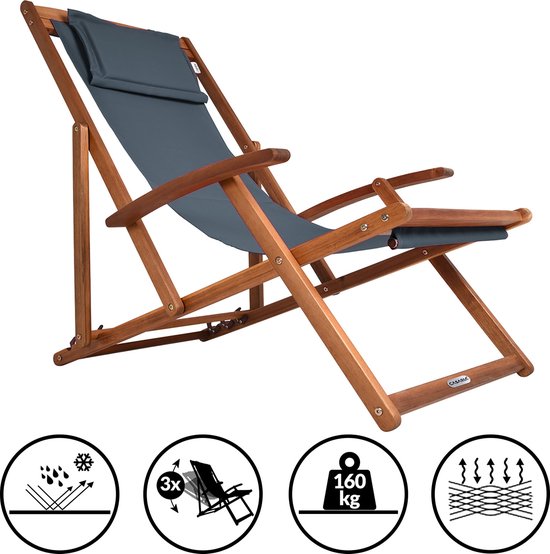 Casaria Ligstoel Acaciahout – Opvouwbaar tot 160kg – Antraciet