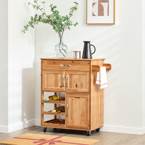 SoBuy Keukentrolley met Lades en Wijnrek, Keukenmeubel op Wieltjes met Werkblad, Compact Kookeiland, Natuurlijke kleur, 66×38×86 cm - FKW45-N