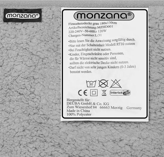 Monzana Warmtedeken - Elektrisch Fleece 180x130cm 120W - Grijs