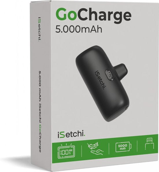 iSetchi Mini Powerbank 5000 mah - Compact formaat - Externe Batterij - Geïntegreerde Kabel - Noodpakket - Lightning Kabel - LED-Display - Geschikt voor iPhone - Zwart