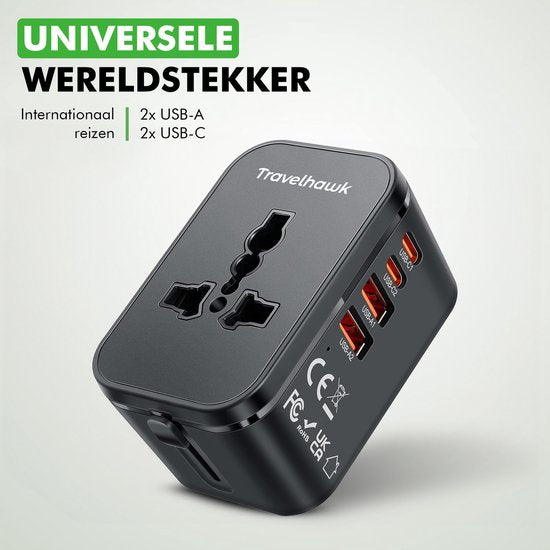 Travelhawk Wereldstekker met 2x USB-C en 2x USB Poort - Reisstekker - USB stekker - Internationale Reisstekker voor 150+ landen - Amerika (USA) - Engeland (UK) - Australië - Azië - Zuid Amerika - Afrika - Wereldstekkers - Zwart