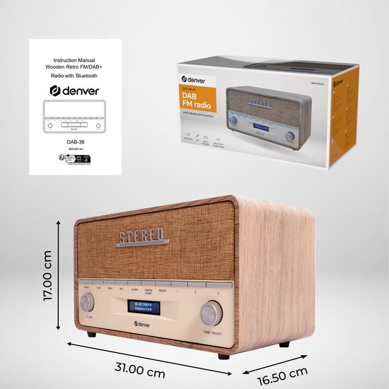 Denver - DAB Radio XL - Retro Radio - Bluetooth - DAB+/ FM - Batterijen & Netstroom - DAB36LW
