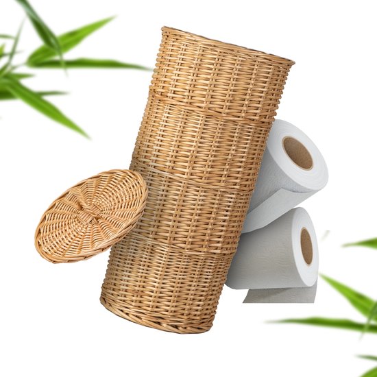 Industor® Toiletrolhouder Staand van handgevlochten Riet - Wc rolhouder voor 3 Rollen met Deksel - Toiletrolhouders, Badkamer Accessoires en Decoratie