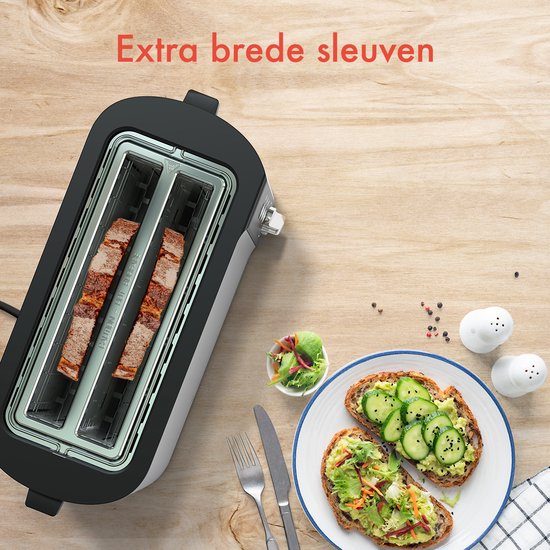 KitchenBrothers Broodrooster - Toaster - 6 Warmteniveaus - 2 Extra Lange Sleuven - 1520W - RVS/Zwart
