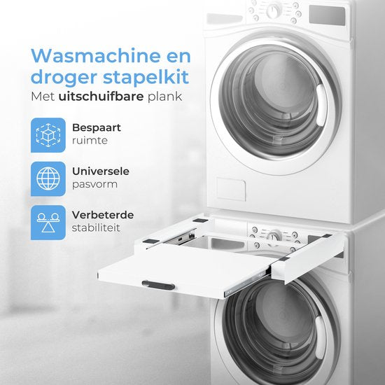 Skoov Tussenstuk voor Wasmachine & Droger - Stapelkit - Met uitschuifbare plank - Universeel - Droogkast - Meubel - incl. trildempers en spanband