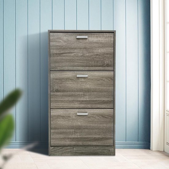 VVD Schoenen rek - 3 vakken met klepdeuren - grijs bruin kleurig - 30x112x60cm