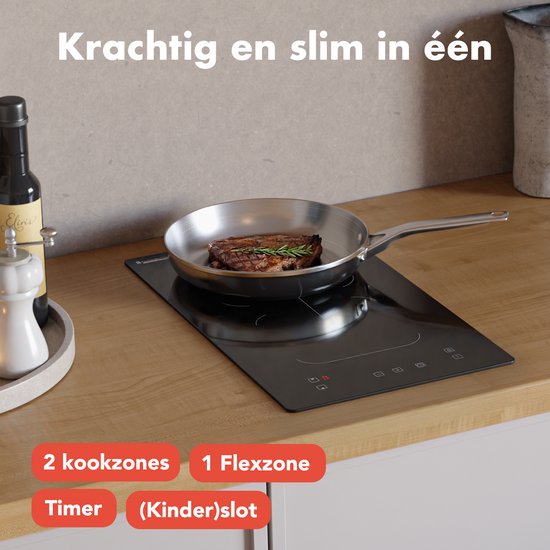 KitchenBrothers - Inductie Kookplaat - Tot 3300W - Zwart- 2 Zone -52x30x5,8 cm