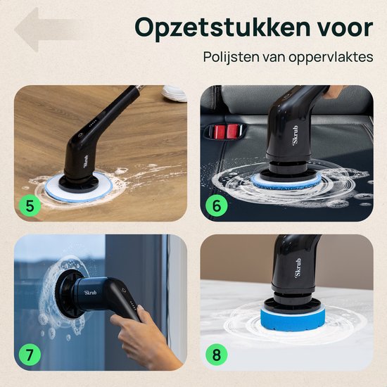 Skrub elektrische schoonmaakborstel 2500mAh - met steel en 8 opzetstukken - veelzijdig voor badkamer, keuken en auto