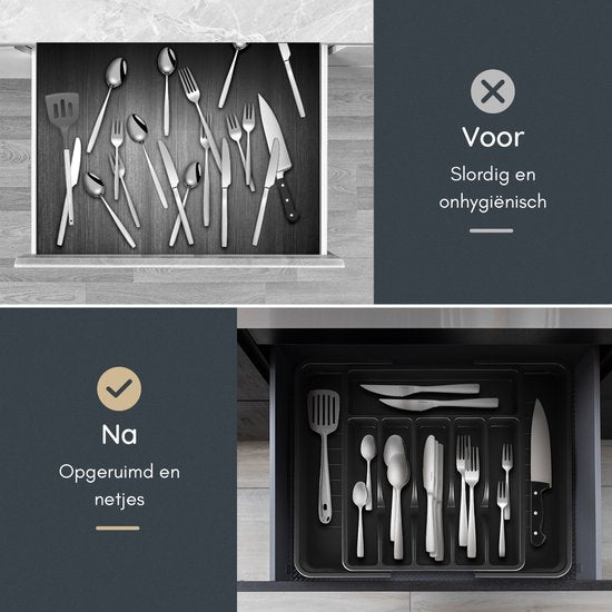 Deleca Uitschuifbaar Bestekbak met 8 Vakken - Besteklade Organizer - Keukenlade Bestek Organiser - Bestekhouder Keuken - 57 x 38 cm - Kunststof / Zwart