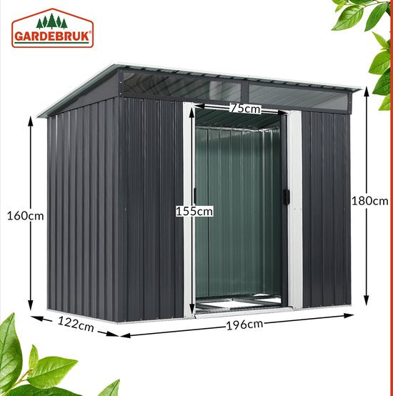Gardebruk Tuinhuisje Metaal - Met Fundering & Deuren – 196x122x180 cm - Antraciet