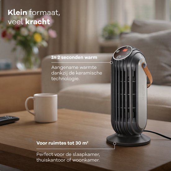 Zenwave Elektrische Kachel met Display - Compacte 1500W Ventilatorkachel - Heater met 2 Warmtestanden en 1 Ventilatorstand - Verwarming Electrisch voor Binnen en Buiten - Zwart