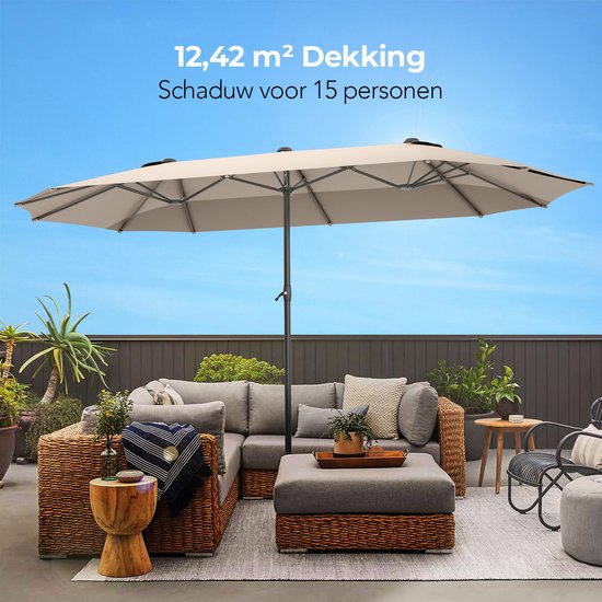 LifeGoods Dubbele Parasol - 270x460cm - tot 15 Personen - Waterdicht - met Hoes - Taupe
