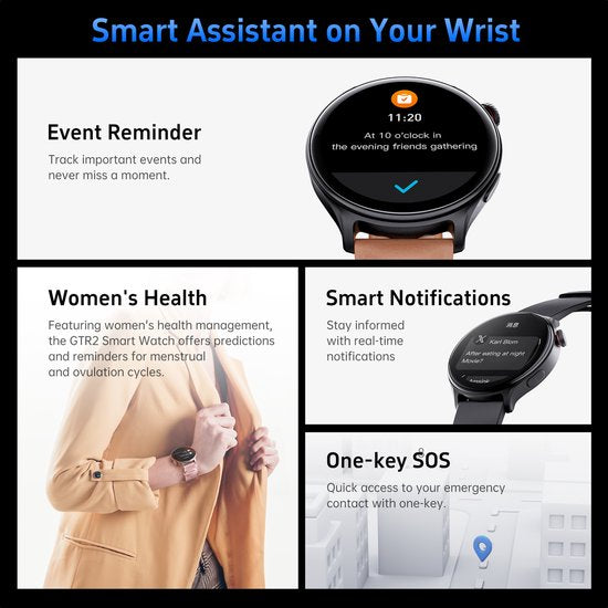 Maoo GTR Serie 2 Smartwatch Heren – Stainless Steel & TPU Band – Stappenteller, Hartslagmeter, Slaapmonitor – Multisport – Android & iOS – Zwart