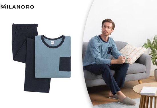 Milanoro - Katoenen pyjama voor heren - Blauw - XXL