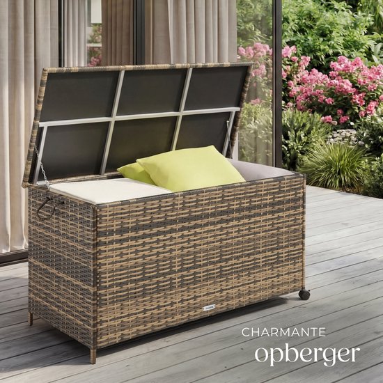 tectake® Wicker Opbergbox - 253 L - Kussenbox voor Buiten - Tuinbox - 116 x 54 x 64 cm - Weerbestendig en Afsluitbaar met Deksel - Verrijdbaar - Inclusief 2 Handgrepen, 2 Wielen met Rem en Gasveren - Tuinkist - Beige