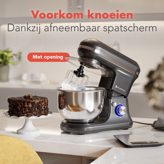 KitchenBrothers Keukenmachine - Keukenrobot - 5L - Keukenmixer - 1200W - Antraciet