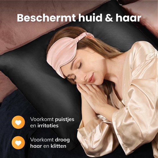 Satijnen kussensloop set - 50x70 - Incl. bonnet en slaapmasker - Zwart - Satijn - Zijden - Beauty - Silk - Zachte - Satin - Moerbij zijden