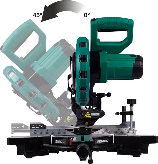 VONROC afkortzaag en verstekzaag – 2000W – Ø216MM - Laser voor perfecte zaaglijn – Extra zaagbreedte 340mm – Incl. zaagblad & werkstukklem