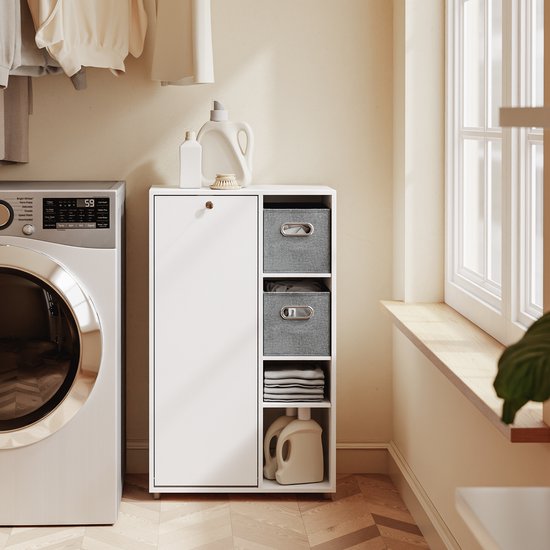 SoBuy Badkamermeubel met wasmand, Opbergkast met 2 stoffen manden, ruimtebesparend, vuile was, Wit, voor wasruimte BZR218-W
