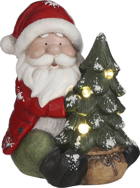 House of Seasons Kerstman Kerstbeeld met LED Verlichting – Polyresin – 22.5 x 21.5 x 25.5 cm – Rood