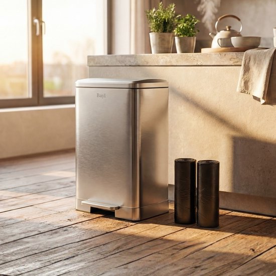 Bayt Prullenbak - Prullenbak 60 Liter - Inclusief 2 rollen vuilniszakken - Vuilnisbak 60 Liter - Pedaalemmer 60 Liter - Afvalbak - RVS - Zilver