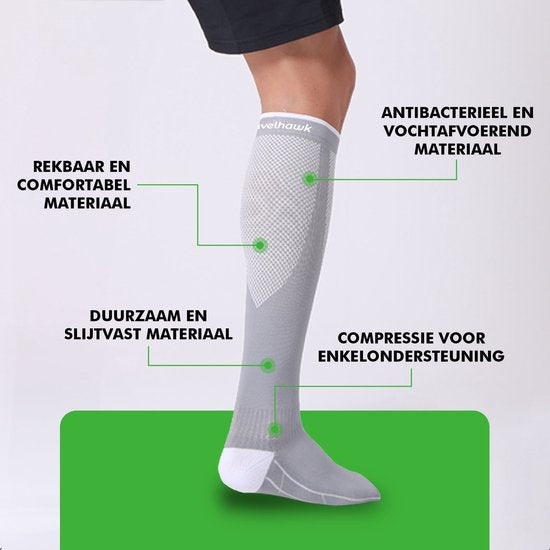 Travelhawk Compressiekousen Zwart - 3 Stuks - Hardloopsokken - Premium Compressiesokken - Running Socks - Vochtafdrijvend - Skisokken - Voorkom Blessures & Spierpijn - S/M