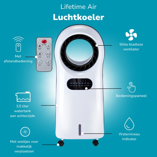 Lifetime Air Aircooler met Koelelementen - Ventilator, Luchtbevochtiger en Luchtkoeler - Mobiele Airco zonder Afvoer - Air Cooler 55dB - Afstandsbediening en Timer - Watertank 3.5L - Sfeerverlichting