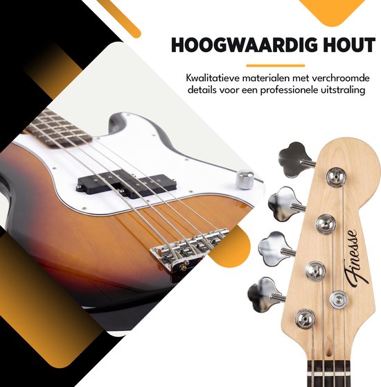 Finesse Elektrische Basgitaar met Versterker - Starterset - Volwassenen - Kind - Sunburst