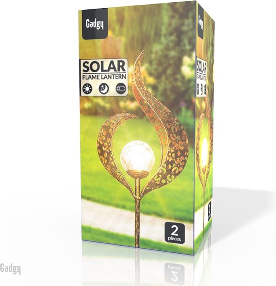 Gadgy Solar Flame Lamp met Grondspies – Solar Tuinverlichting set 2 st. - Tuinverlichting op Zonneenergie Buiten – Led Buitenverlichting met Sensor - Tuinlantaarn - Tuinfakkel - Tuinsteker - Brons kleurig Metaal