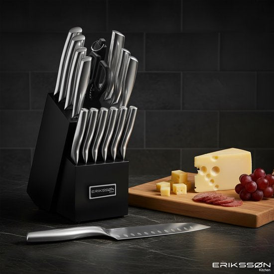 Erikssøn Kitchen Messenset - Messenblok - 16 Delig - Met Blok, Messenslijper En Schaar - Krasbestendig - 3Cr13 RVS - Zilver