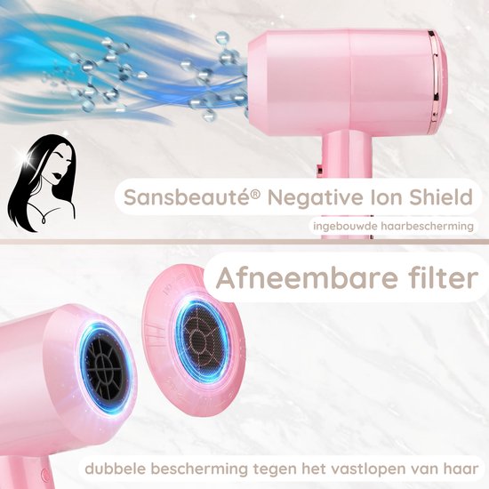 Sansbeauté® Föhn met Diffuser – Ionische Haardroger – Borstel - Reisföhn - 3 Opzetstukken - Krullen – Coolshot – 3 Standen – Haarföhn met Diffuser – Hair Dryer - 2000W - Pink