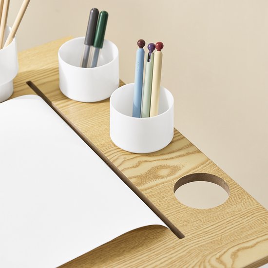 SoBuy KMB60-WN Kindertafel met Stoel, 2-delige set, tafel en stoel voor kinderen, bureau met 2 planken, papierhouders en opbergvakken, wit/Natuurel, 80 x 50 x 66 cm