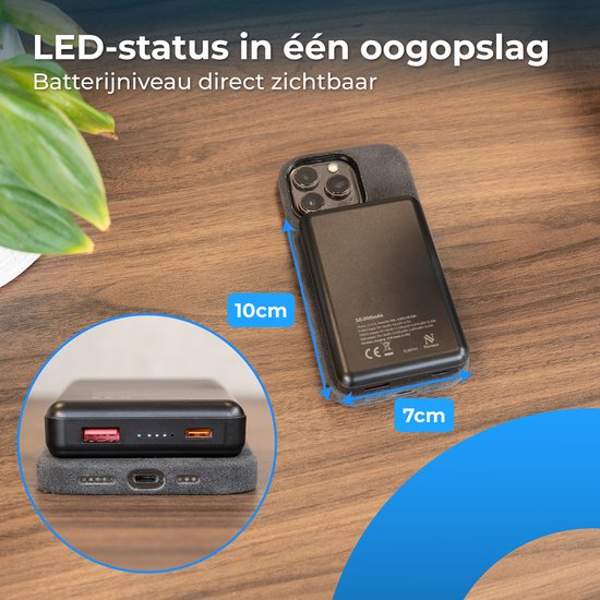 Nuvance Powerbank 10000 mAh - Geschikt voor MagSafe - 15W Snellader - Draadloze Powerbank - Usb-A 22.5W & Usb-C 20W - Zwart
