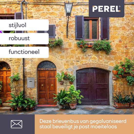 Perel Brievenbus met naamplaatje, Ibiza wandbrievenbus, wandmontage, met slot, deksel, afsluitbaar, incl. 2 sleutels, gegalvaniseerd staal, 36 x 26 x 8 cm, zilvergrijs
