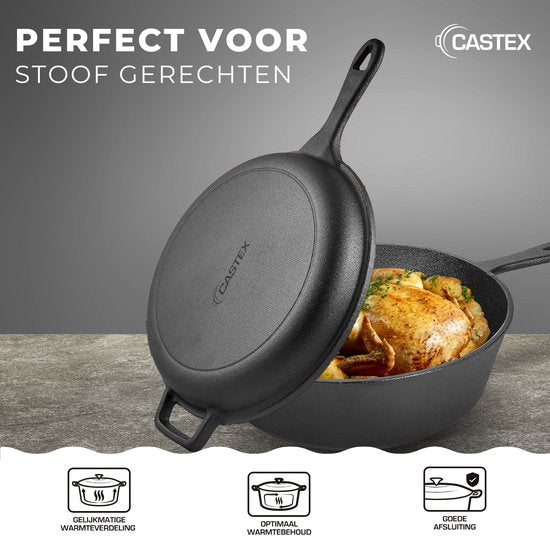 Castex Duocraft Gietijzeren Pan - Braadpan Inductie - Braadpannen - Stoofpan - Broodpan Gietijzer - Sudderpan
