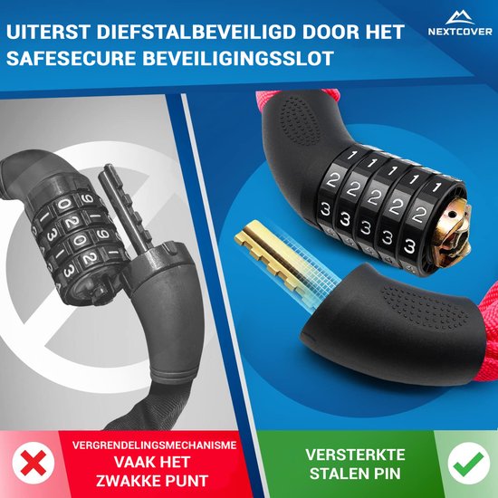 NEXTCOVER® Cijferslot Fietsslot - Het origineel - [SAFESECURE] Hoge veiligheid - Fietssloten met 5-cijferige cijfercode, cijferslot fiets staal - Fietsslot perfect voor e-bike - Kettingslot Rood