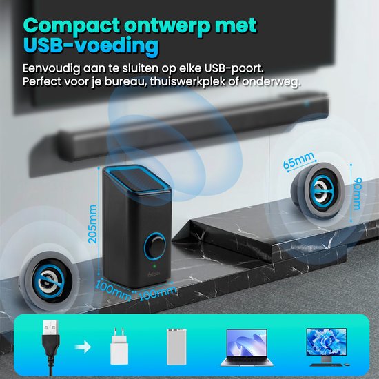 PC Speakers - Met Bluetooth 5.0 - Computer Speakers - Speakers voor PC - USB-C en USB-A - Complete 3-Delige Set - Speakerset - Zwart en Blauw - Faas
